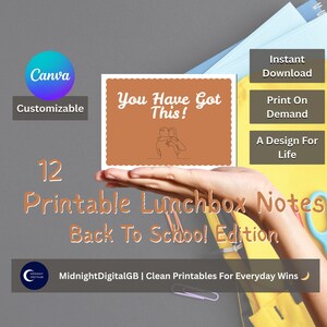 May include: An image promoting printable lunchbox notes. The image shows a hand holding a card with the text "You Have Got This!". Other text includes "12 Printable Lunchbox Notes Back To School Edition". The image also includes the Canva logo and the words "Instant Download".