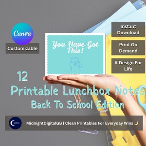 May include: A promotional image for printable lunchbox notes. The image features a hand holding a light blue card with the text "You Have Got This!". Additional text includes "12 Printable Lunchbox Notes Back To School Edition" and "Instant Download".