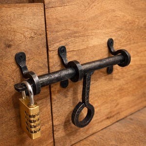 Puede incluir: Un pestillo de metal negro con un candado de combinación fijado a una superficie de madera. El pestillo tiene un asa de anillo y está asegurado con un candado de combinación dorado. La madera tiene una veta cálida y natural.