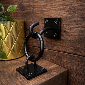 Puede incluir: Soporte de estante de metal negro con diseño de anillo, montado en un estante de madera oscura. El soporte tiene una base cuadrada y un brazo curvo que se conecta a un anillo. El fondo presenta una maceta dorada y una pared de madera.