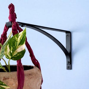 Könnte beinhalten: Schwarzer Metall-Pflanzenaufhänger an einer hellblauen Wand befestigt. Die Halterung trägt einen hängenden Pflanzentopf mit einem bordeauxfarbenen Makramee-Pflanzenaufhänger. Der Pflanzentopf enthält eine grün-weiß panaschierte Pflanze.