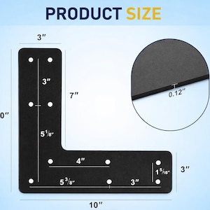 May include: Black L-shaped bracket with dimensions labeled in inches. The bracket is 10 inches by 10 inches, with a thickness of 0.12 inches. The text "PRODUCT SIZE" is displayed at the top.
