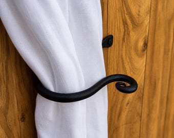 Hand Forged Wrought Iron Curtain Tiebacks, Rustic Scroll Farmhouse Window Holdbacks