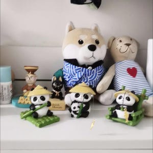 Handmade Miniature Panda Figurines with Straw Hat | Bamboo Fishing & ParentChild Designs | Cute Animal Decor for Home