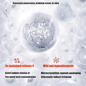 May include: An image with a white background and several translucent spheres. Text in red and black describes the product's features: precise positioning, sustained release, and mild, hypoallergenic properties. The text also mentions microcrystalline capsule packaging.