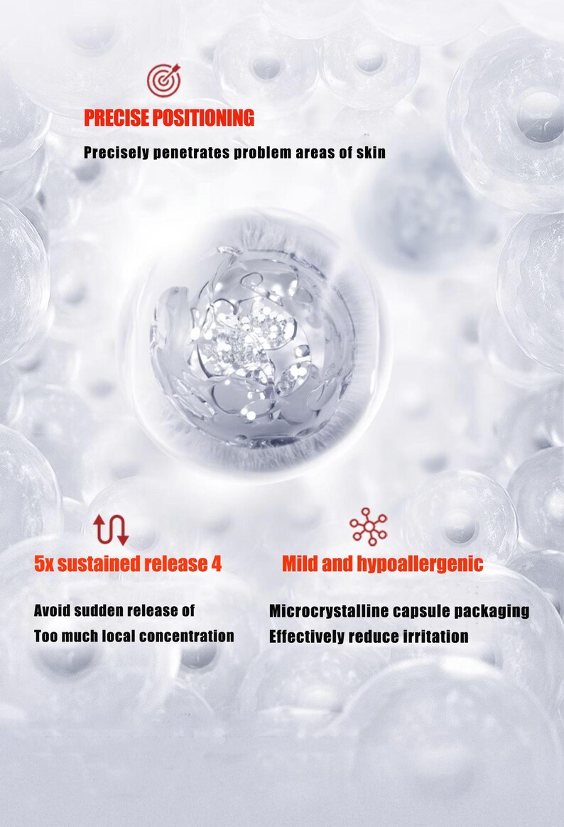 May include: An image with a white background and several translucent spheres. Text in red and black describes the product's features: precise positioning, sustained release, and mild, hypoallergenic properties. The text also mentions microcrystalline capsule packaging.