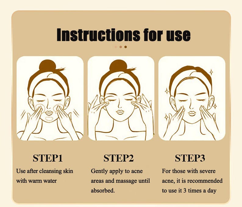 May include: A beige graphic with the text "Instructions for use" and three illustrations demonstrating skincare steps. The steps include cleansing, applying to acne areas, and recommended usage for severe acne.