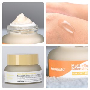 May include: A jar of Rosennote Multi-effect Balancing Gel for oily skin. The jar is light beige with a yellow lid. The product is a creamy gel. The image also shows a sample of the gel on a person's skin.