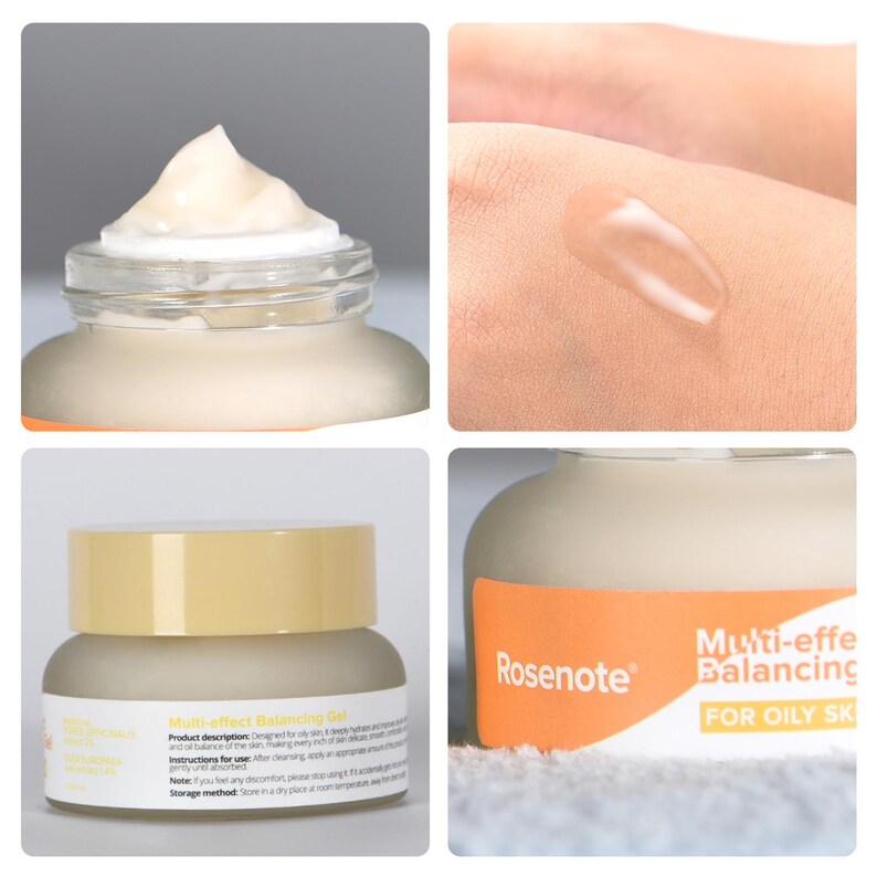 May include: A jar of Rosennote Multi-effect Balancing Gel for oily skin. The jar is light beige with a yellow lid. The product is a creamy gel. The image also shows a sample of the gel on a person's skin.