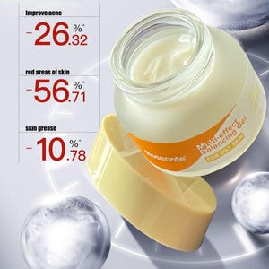May include: A jar of Multi-effect Balancing Gel for oily skin by Rosenote. The jar is open, revealing a creamy substance. The image includes text indicating the product improves acne, reduces red skin areas, and decreases skin grease.