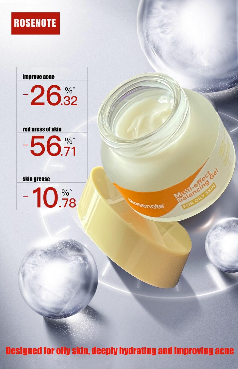May include: A jar of Multi-effect Balancing Gel for oily skin by Rosenote. The jar is open, revealing a creamy substance. The image includes text indicating the product improves acne, reduces red skin areas, and decreases skin grease.