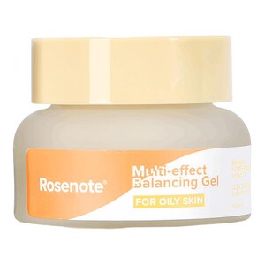 May include: A jar of Rosennote Multi-effect Balancing Gel for oily skin. The jar is clear with a light yellow lid and an orange label. The text on the label includes the brand name and product description.