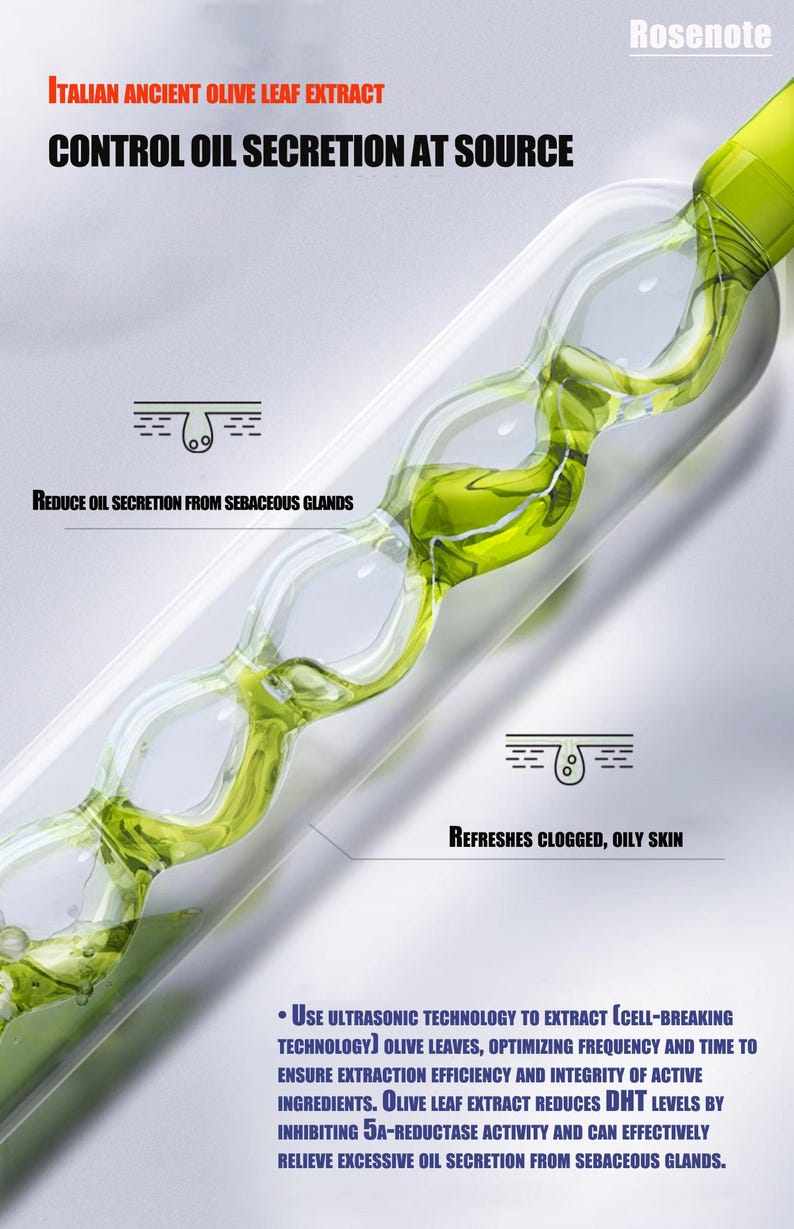 May include: A clear glass vial with a green liquid, labeled "Italian Ancient Olive Leaf Extract" and "Control Oil Secretion at Source." The image includes text about reducing oil secretion and refreshing skin.