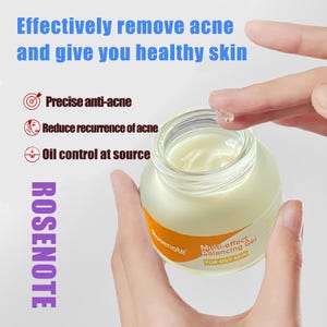 May include: A jar of Rosenote Multi-effect Balancing Gel for oily skin. The jar is clear with a yellow-orange label. The text on the label reads "Multi-effect Balancing Gel FOR OILY SKIN". The image also includes the text "Effectively remove acne and give you healthy skin".