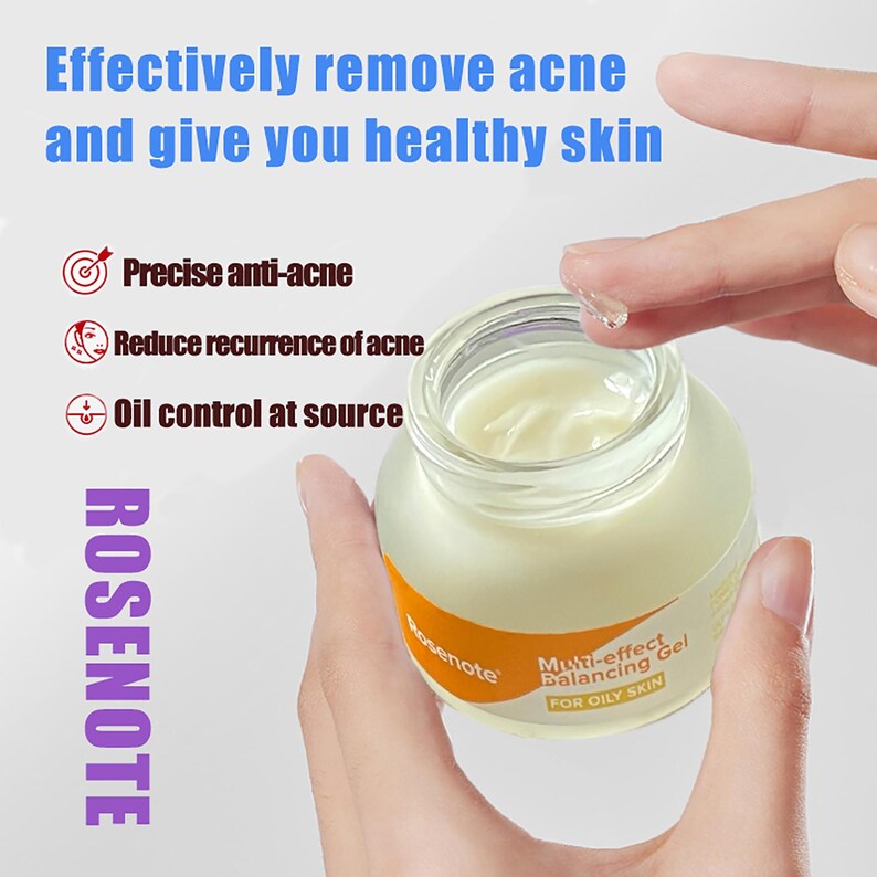 May include: A jar of Rosenote Multi-effect Balancing Gel for oily skin. The jar is clear with a yellow-orange label. The text on the label reads "Multi-effect Balancing Gel FOR OILY SKIN". The image also includes the text "Effectively remove acne and give you healthy skin".