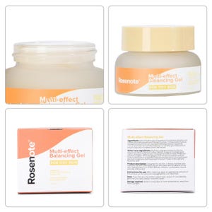 May include: A skincare product by Rosenote, the Multi-effect Balancing Gel, is shown in multiple views. The gel is in a clear jar with a light yellow lid and a white label with orange accents. The product is designed for oily skin.