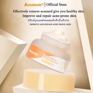 May include: A jar of Rosente Multi-effect Balancing Gel for oily skin, with a white cream visible inside. The jar is on a light yellow rectangular base. The text on the jar reads "Effectively remove acne and give you healthy skin."