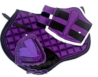 Purple Quilted Saddle Pad Set with Leg Boots & Ear Bonnet | English Equestrian Tack