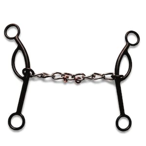 May include: A black metal horse bit featuring two side shanks with circular rings at the top and bottom. The mouthpiece consists of a silver-coloured chain link design with a small copper-coloured ring integrated into the centre of the chain.