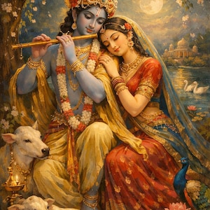 Puede incluir: Representación artística de una pareja con vestimenta tradicional india, con el hombre tocando una flauta. La escena está ambientada cerca de un cuerpo de agua con cisnes, una luna llena y un pavo real. La pareja está adornada con joyas de oro.