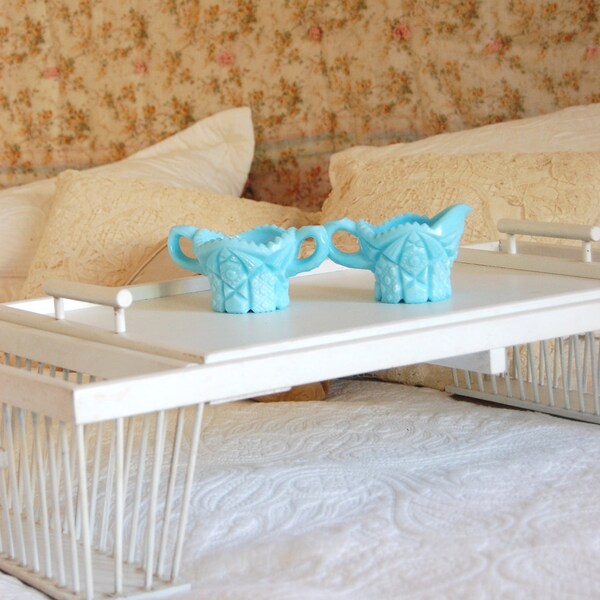 Vintage Light  Blue Milk Glass Sugar and Creamer Set - Turquoise