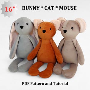 Süßes Häschen-Plüschtier-Schnittmuster, einfaches Stofftier-DIY, Stofftier-PDF, Kaninchen-, Katzen- und Maus-Plüschmuster, Anfänger-Nähprojekt