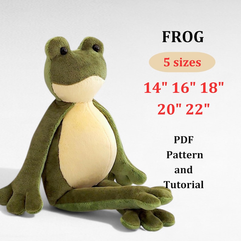 Frog Plush Sewing Pattern, Easy Soft Animal Sewing Template 5 Sizes