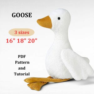 May include: A soft white goose toy with a yellow beak and feet. The word "GOOSE" is above the goose. The text "3 sizes" is above the sizes 40.6cm, 45.7cm, and 50.8cm. The text "PDF Pattern and Tutorial" is below the goose.