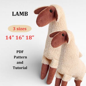 May include: Two plush lamb toys in cream and brown. The text "LAMB" is at the top, with "3 sizes" and the measurements 14", 16", and 18" below. The text "PDF Pattern and Tutorial" is at the bottom.