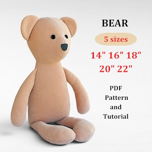 May include: A plush beige bear with black button eyes and a teal nose. The bear is available in five sizes: 14", 16", 18", 20", and 22". The image also includes the text "BEAR", "5 sizes", and "PDF Pattern and Tutorial".