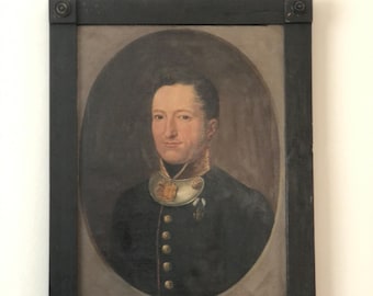 Antique Vintage Large Military Portrait Painting of a German Baron, ca 1870