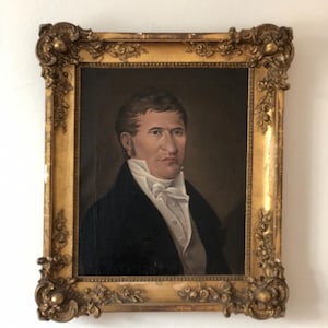 19th century Antique Oil Painting of a German Gentleman in Original Biedermeier Gilded Frame