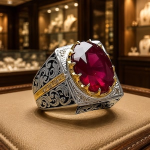 Peut inclure: Une bague ornée d'un grand rubis ovale. La bague présente un anneau en argent avec des volutes noires détaillées et des accents dorés. Le rubis est serti dans une lunette en or, créant un contraste saisissant.