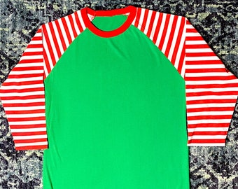 Women Candy Cane Stripe Raglan, Green Body with Longer Length Rounded Hem 3/4 Sleeves Holiday Christmas Personalize HTV Gems DTG DTF Blank