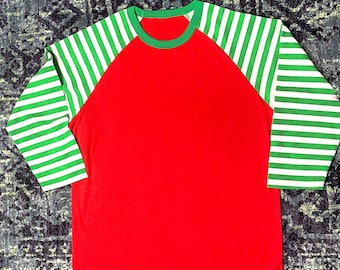 Women Candy Cane Stripe Raglan, Red Body, Green Striped Arms Longer Length Round Hem 3/4 Sleeves Holiday Christmas Personalize HTV DTG Blank