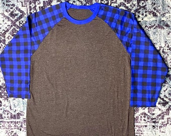 Royal Blue Buffalo Plaid Raglan Heather Grey Body for Women in Longer Length Rounded Hem 3/4 Sleeves Hanukkah Christmas Mothers Day Birthday