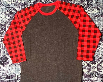 Red Buffalo Plaid Raglan Heather Grey Body for Women in Longer Length with Rounded Hem 3/4 Sleeves. Holiday, Christmas Mothers Day Birthday