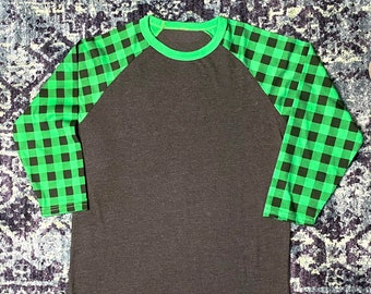 Green Buffalo Plaid Raglan Heather Grey Body for Women in Longer Length Rounded Hem 3/4 Sleeves Hanukkah Christmas Mothers Day Birthday