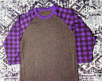 Purple Buffalo Plaid Raglan Heather Grey Body for Women in Longer Length with Rounded Hem 3/4 Sleeves Holiday Christmas Mothers Day Birthday