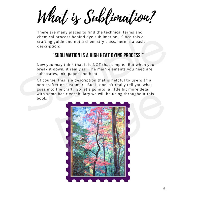 Pode incluir: Uma p&aacute;gina de um guia de artesanato com o texto "What is Sublimation?" e "Sublimation is a high heat dying process." A p&aacute;gina tamb&eacute;m inclui um selo roxo com uma imagem de uma floresta com &aacute;rvores em tons de rosa, vermelho e verde.