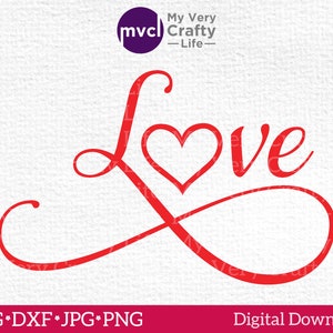 May include: Red "Love" graphic with a heart in place of the "o" on a white background. The word is in a cursive font with a decorative flourish. The image also includes the text "SVG * DXF * JPG * PNG" and "Digital Download".