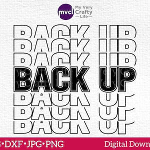 May include: Black and white graphic design with the text "BACK UP" repeated multiple times in a stacked, layered design. The text is in a bold, sans-serif font.