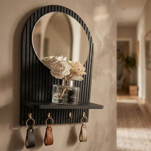 Könnte beinhalten: Ein schwarzer, bogenförmiger Wandspiegel mit vertikalen Lamellen, einer kleinen horizontalen Ablage und vier messingfarbenen Haken. Drei Schlüsselanhänger aus Leder in Schwarz, Braun und Beige hängen daran. Ein Glasdiffusor mit weißen Blumen steht auf der Ablage.