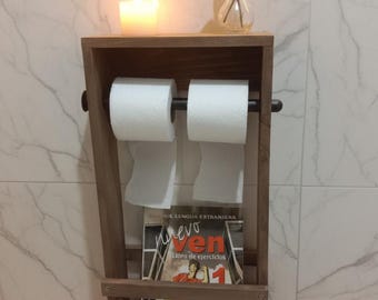 Rustic Wooden Toilet Paper Holder with Accessory Shelf and Magazine Rack | Bathroom Storage