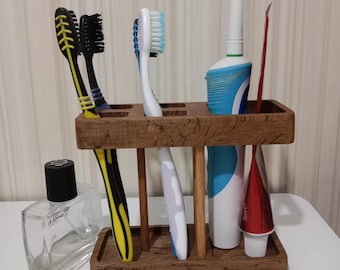 Wooden Toothbrush & Electric Toothbrush Holder | Bathroom Countertop Organizer | Natural Wood Toothpaste Stand
