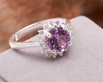 Natürliche Rosa Amethyst Runder Ring, 925 Sterling Silber Schmuck