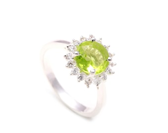 Natural Green Peridot Round Sterling Silver Ring, Minimalist Handmade Jewelry