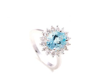 Oval Sky Blue Topaz Ring, 925 Sterling Silver, Vintage Statement Jewelry