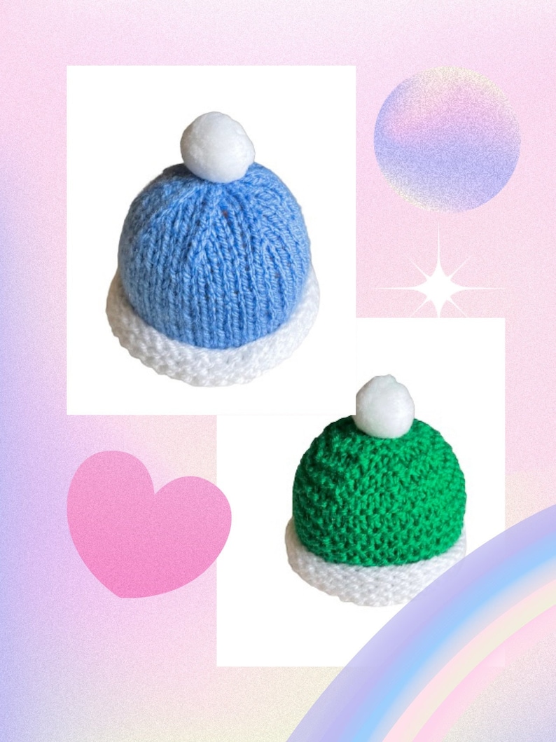 May include: Two knitted hats with white pom-poms. One hat is blue and the other is green.