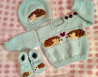 Baby Hedgehog Sweater, Hat & Boots 0-3 months Duckegg blue